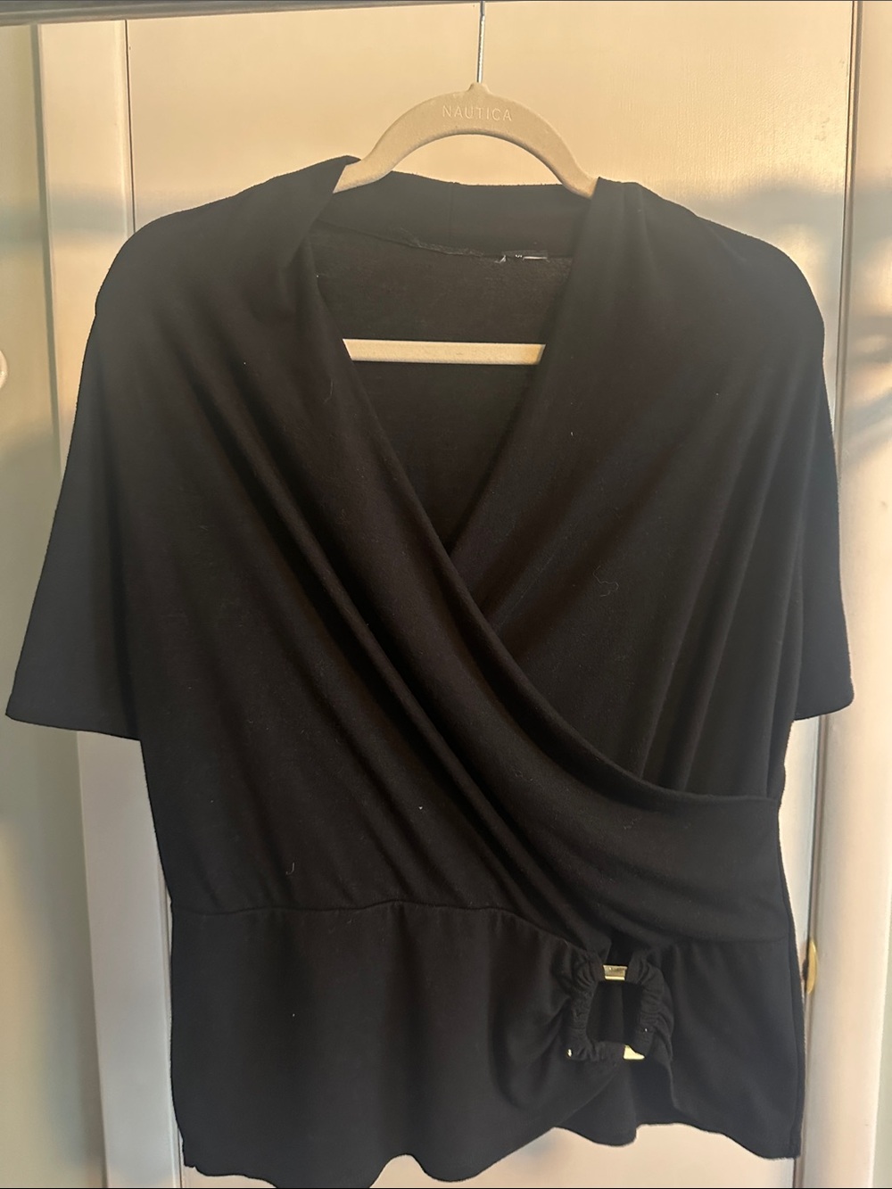 Black Short-Sleeve Top with Gold Buckle Detail